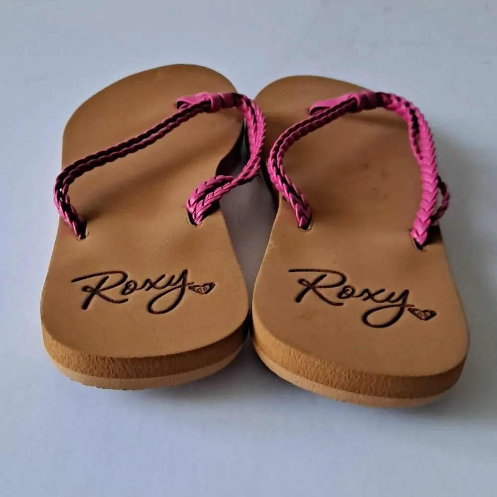 NWT Roxy Costas II Braided Strap Flip Flop Sandals EVA Sole Pink Girls Size 2